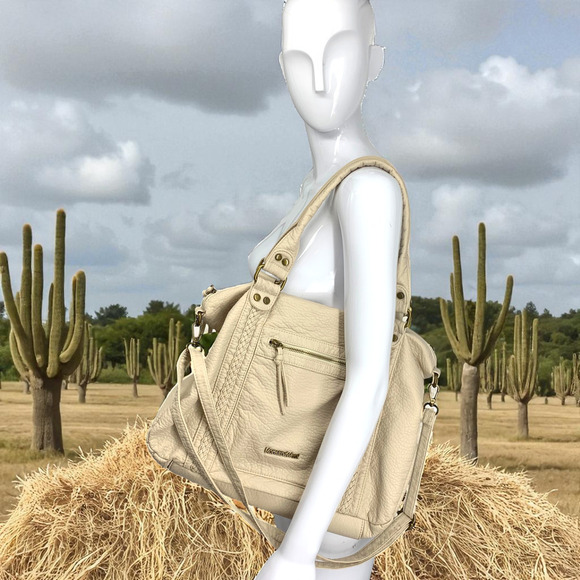 Montana West Vegan Pebbled Leather Cream Double Handle Shoulder Bag Purse - Picture 13 of 13